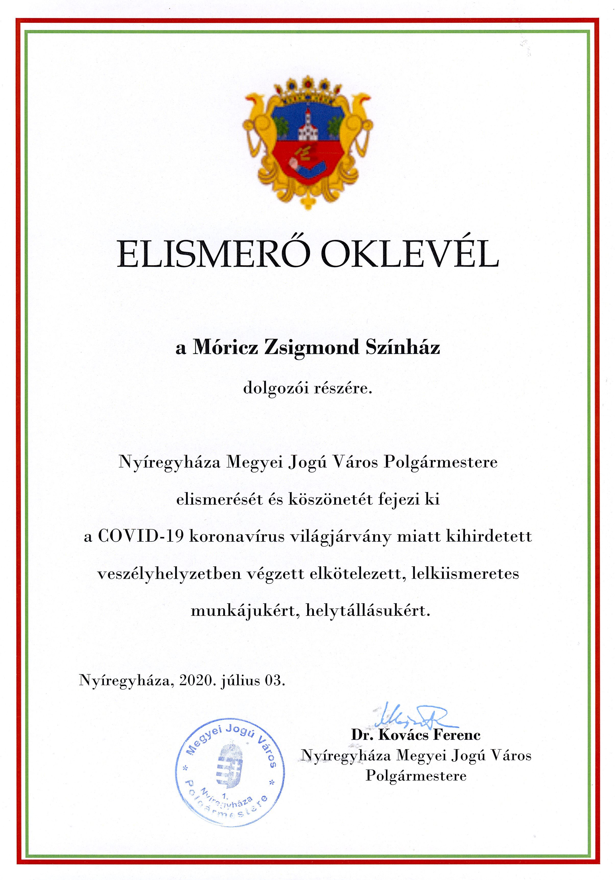 Elismerést kaptak a nyíregyházi színház dolgozói