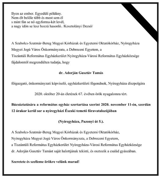 November 11-én vesznek végső búcsút dr. Adorján Gusztávtól