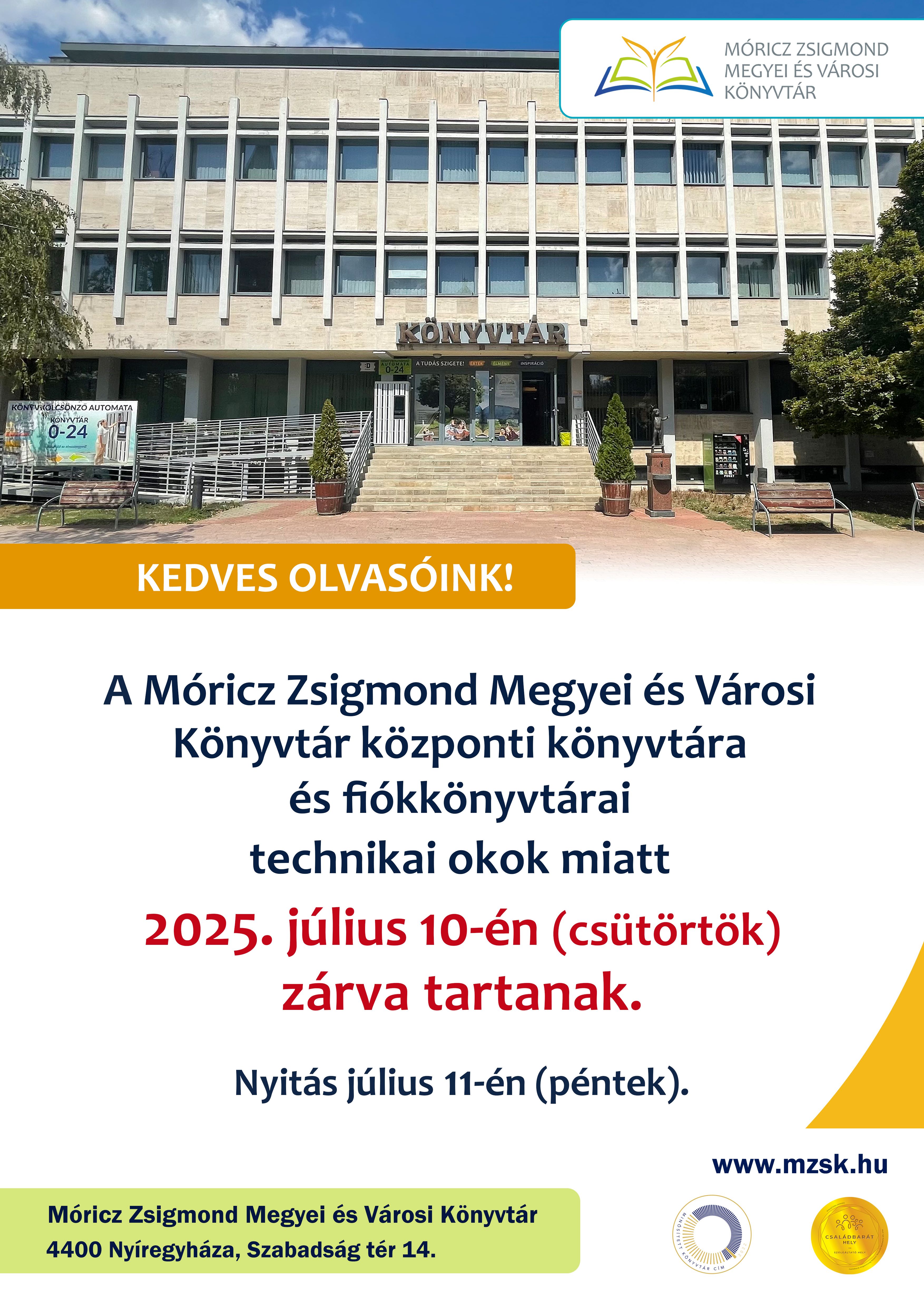 Csütörtökön zárva lesz a könyvtár