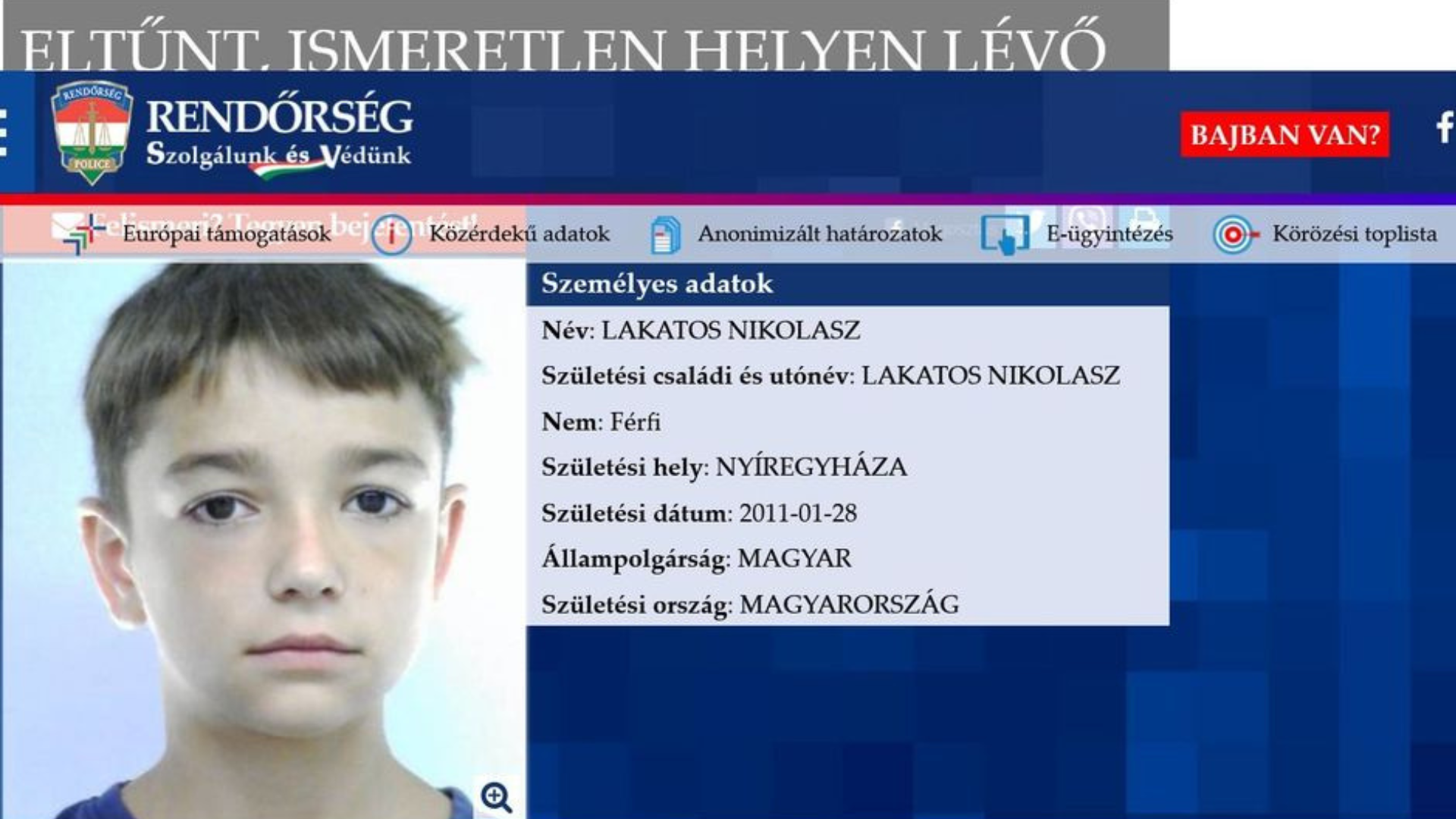 Eltűnt egy 14 éves fiú Mátészalkáról