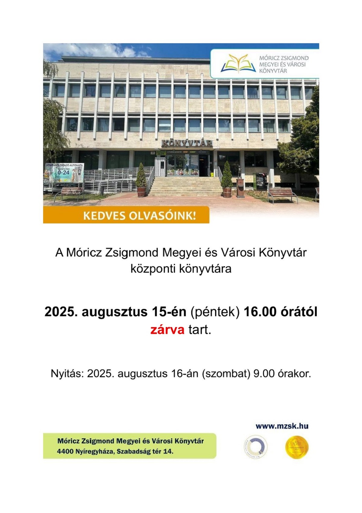 Rövidített nyitva tartás a könyvtárban
